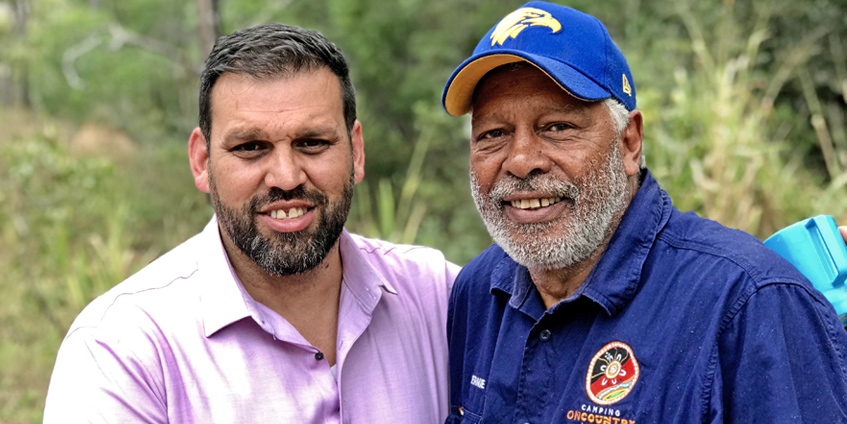 Dr Derek Chong with Ernie Dingo, Camping on Country Program Ambassador